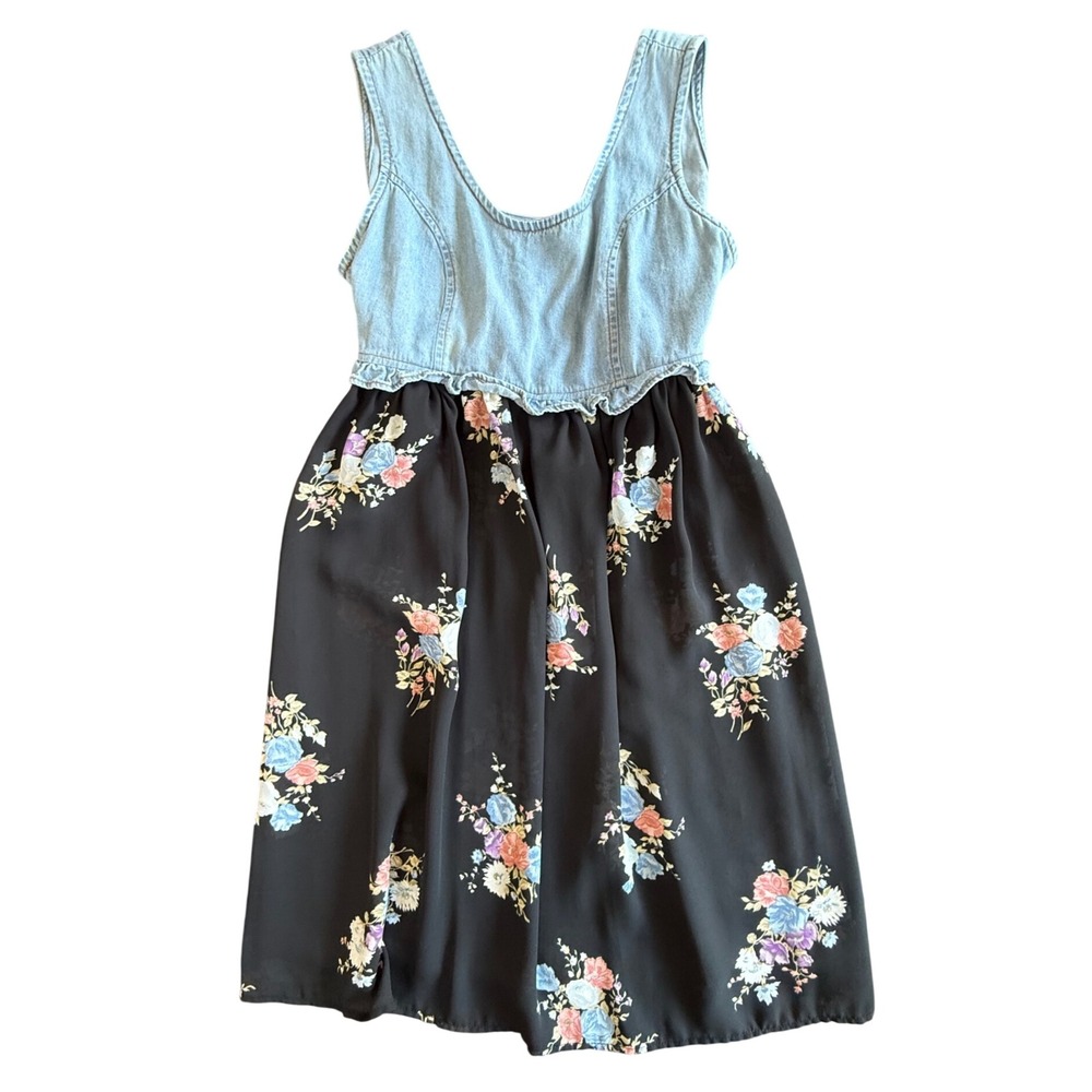 Sostanza Denim Floral Mixed Media Dress Womens Medium cottagecore 90s Y2K Grunge
